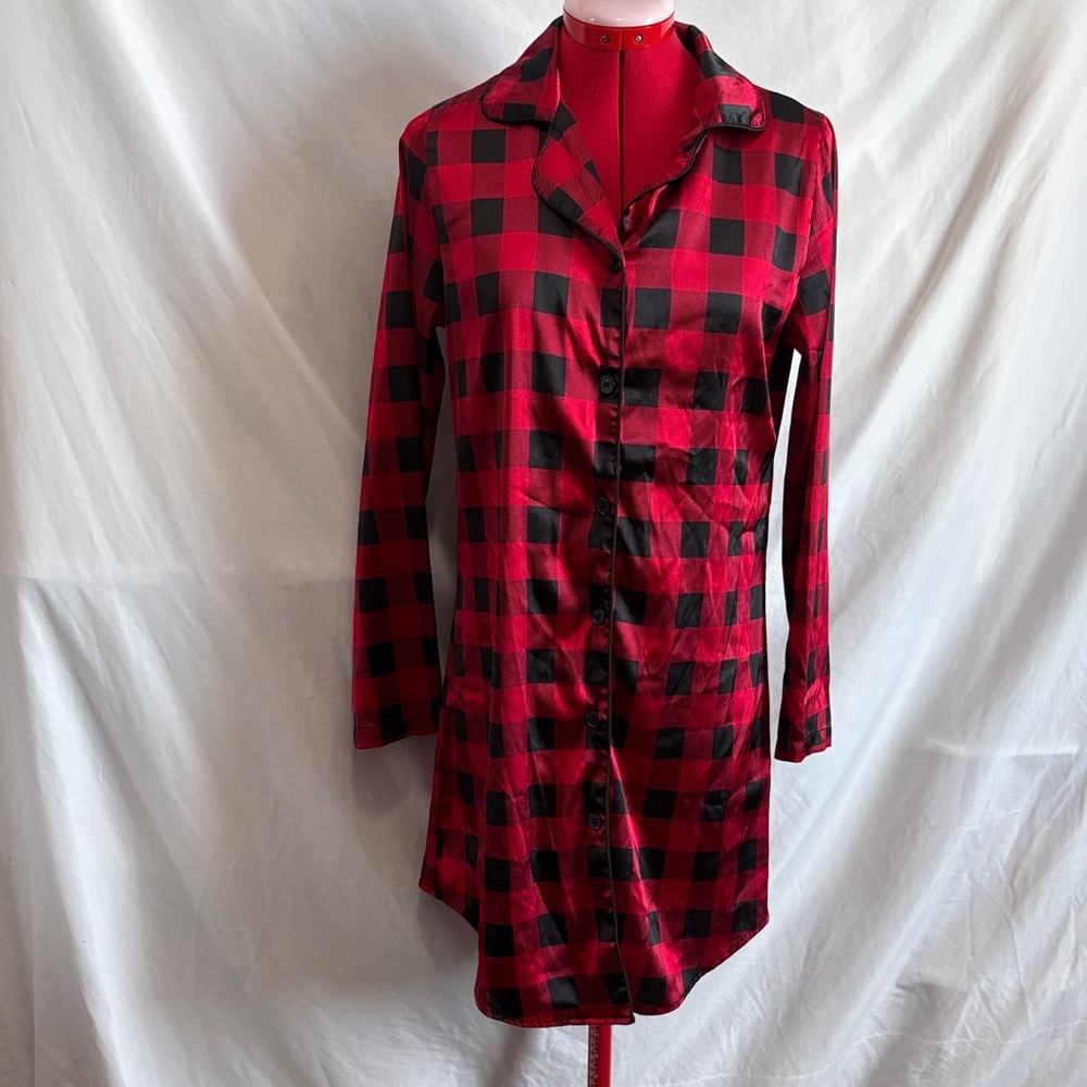 Tahari Red and Black Plaid Button-Up Nightshirt